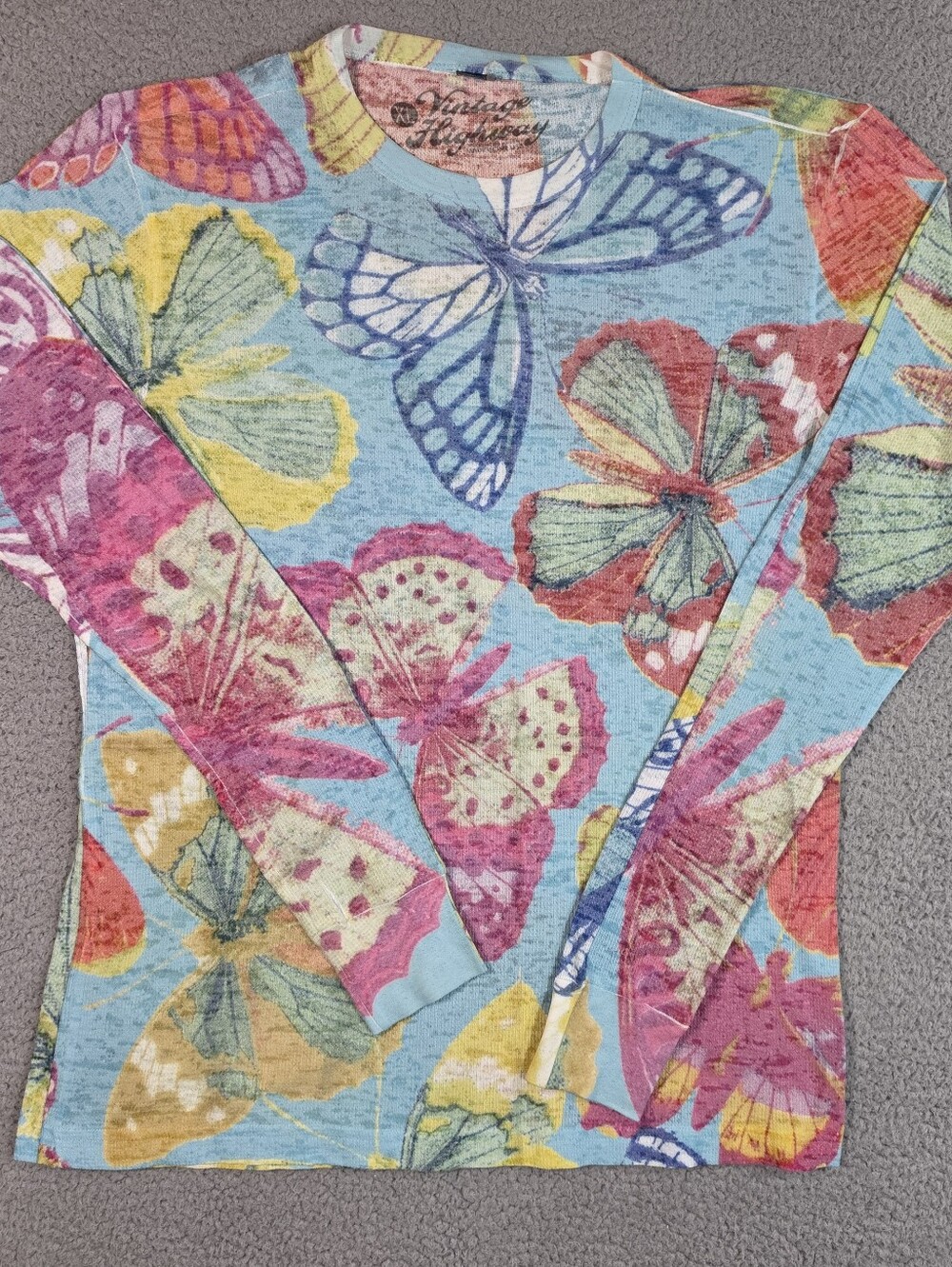 Sundance Vintage Highway Butterfly Waffle Knit Burnout Top Women XL Blue Thermal